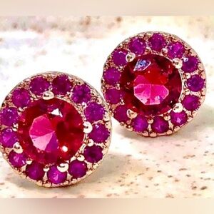 Ruby Red Fuchsia Pink Crystal Halo Rose Gold Tone 11mm Studs Stud Earrings NWOT
